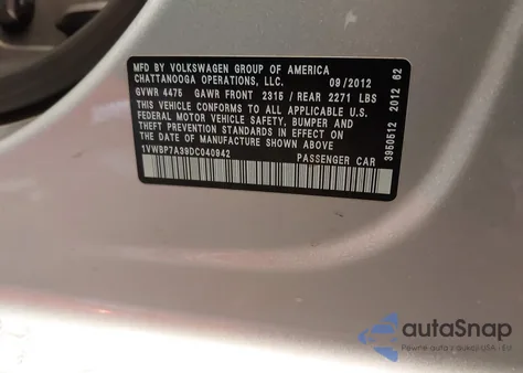 2013 Volkswagen Passat 2.5L Se from USA, damaged, VIN 1VWBP7A39DC040942